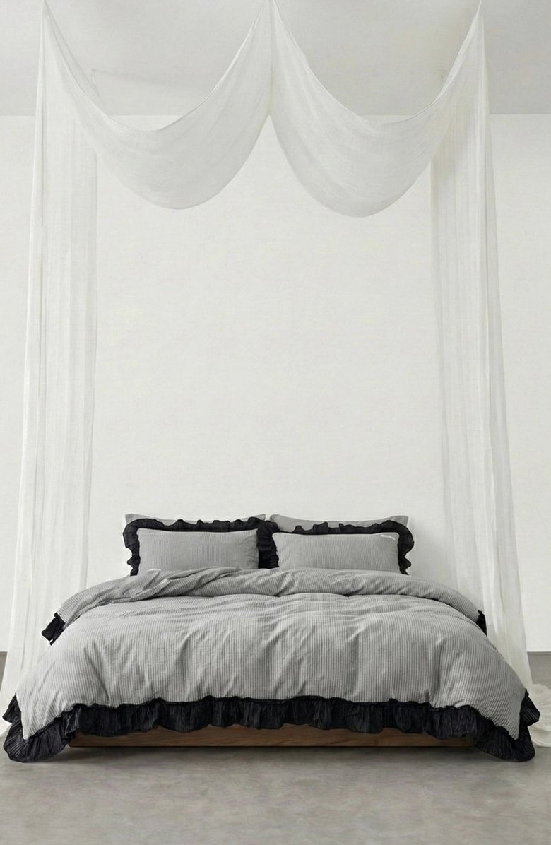 Ever Lasting Stripe Ruffle Lace Bedding Set, Alternate, color, Gray Stripe / Ruffle