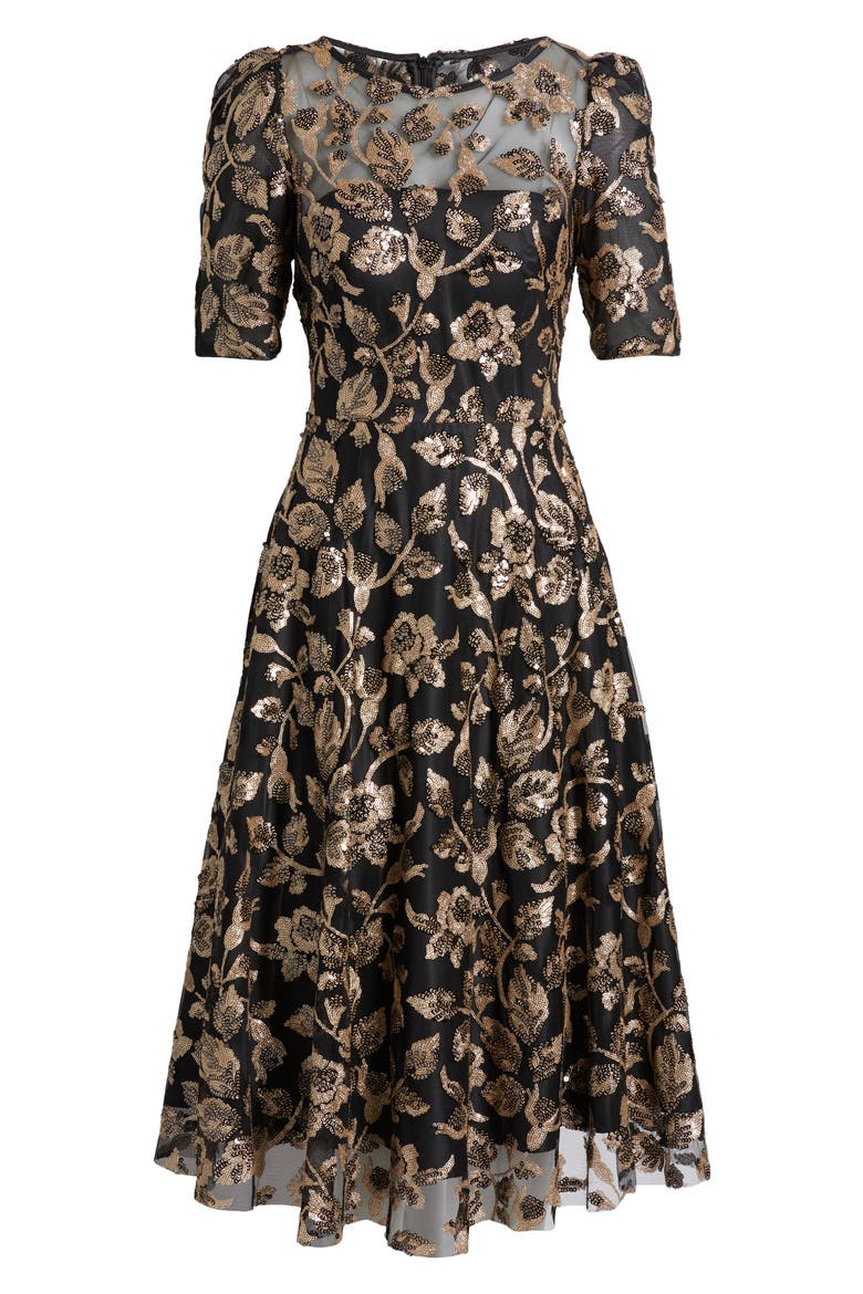 Elbow Sleeve Midi Dress, Alternate, color, BLACK GOLD