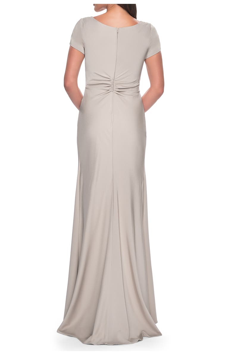 La Femme Elegant Evening Gown with V Neck and Knot, Alternate, color, Silver