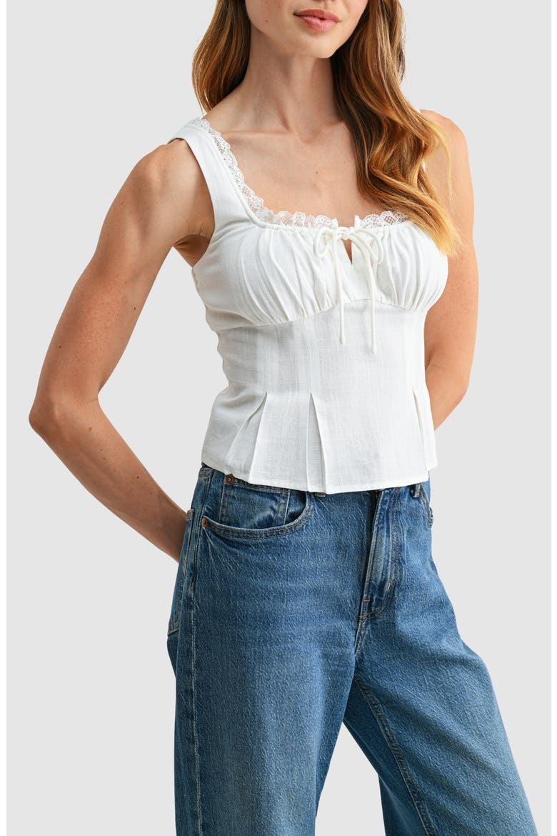Lace Trim Pleated Rayon and Linen Top, Alternate, color, IVORY