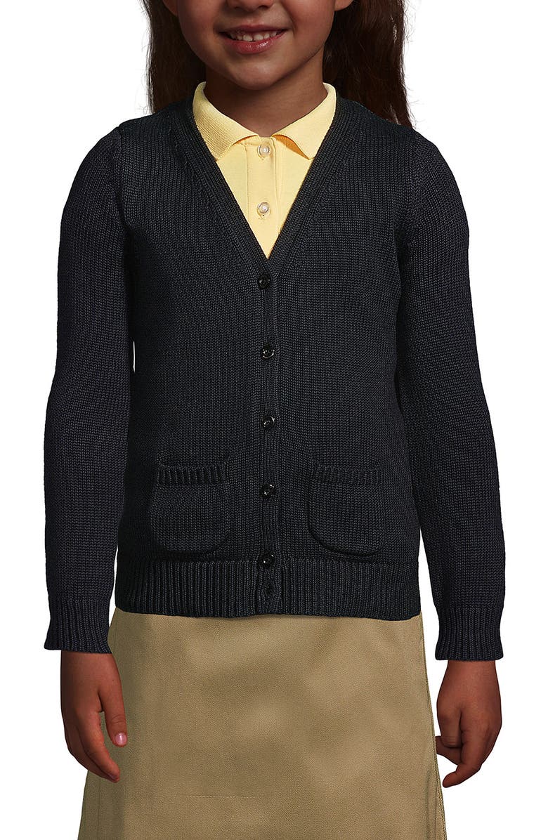 Lands' End School Uniform Girls Cotton Modal Button Front Cardigan Sweater, Main, color, Black