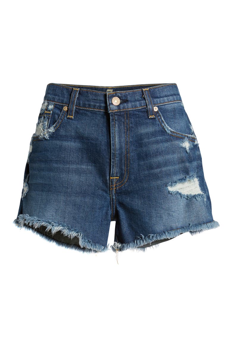 7 For All Mankind® High Waist Destroyed Cutoff Denim Shorts, Alternate, color, BLUE MONDAY