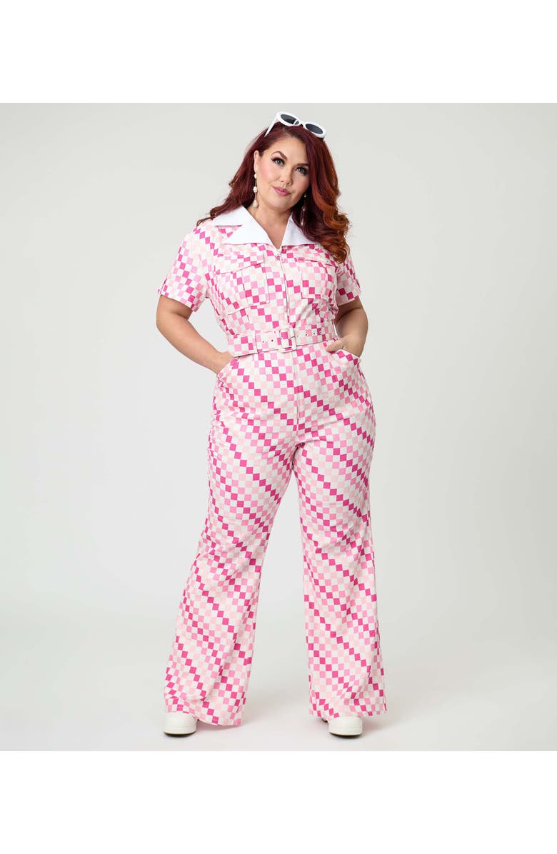 Smak Parlour Plus Size Retro Flare Jumpsuit, Main, color, Pink Checkerboard
