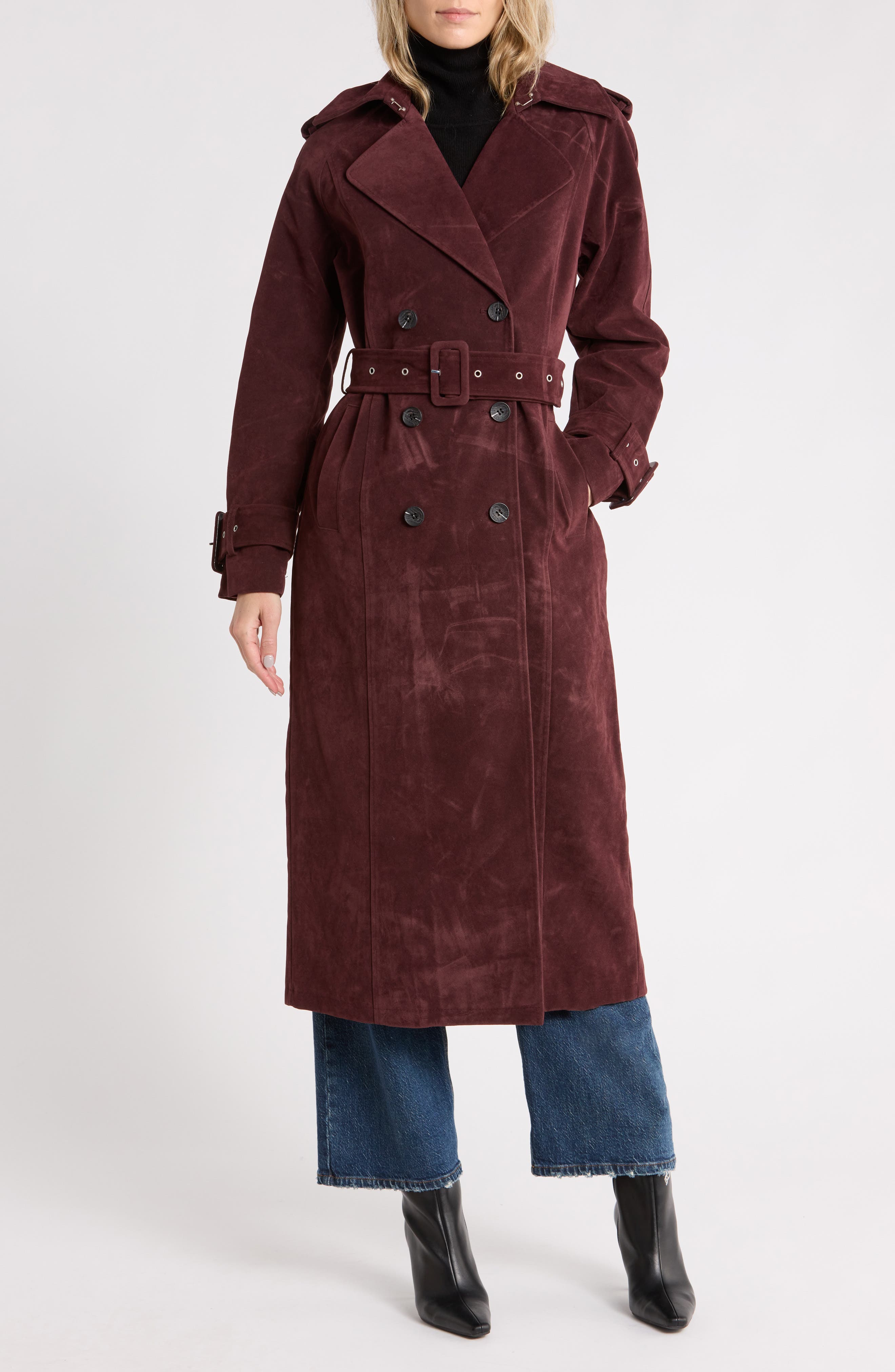 Faux Suede Double Breasted Midi Trench Coat