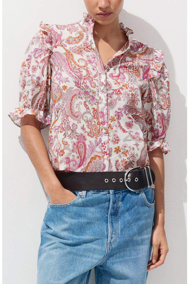 Paisley Printed Ruffled Top, Main, color, OFF WHITE