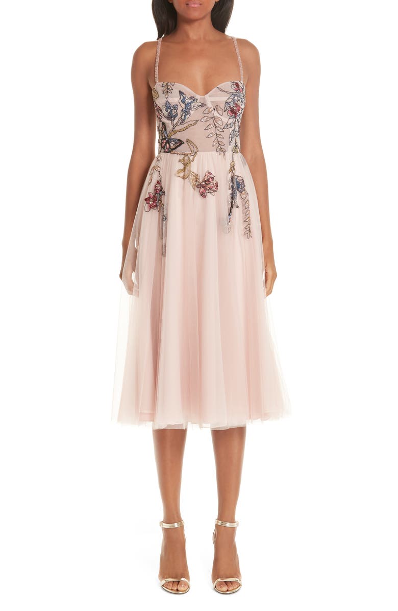 PatBO Patricia Bonaldi PatBO Beaded Floral Bustier Tea Length A-Line Dress, Main, color,