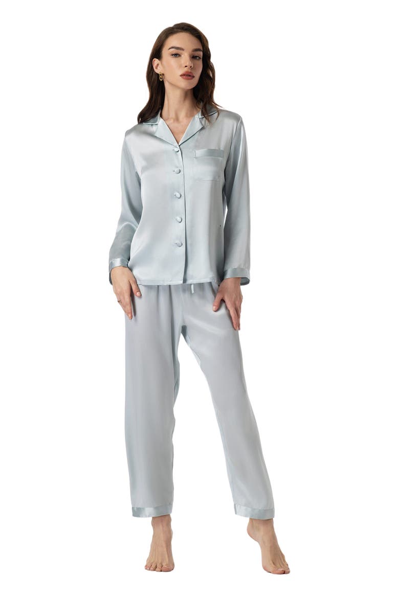 Silk Button Up Collared Women's Pajama Set, Main, color, Light Blue