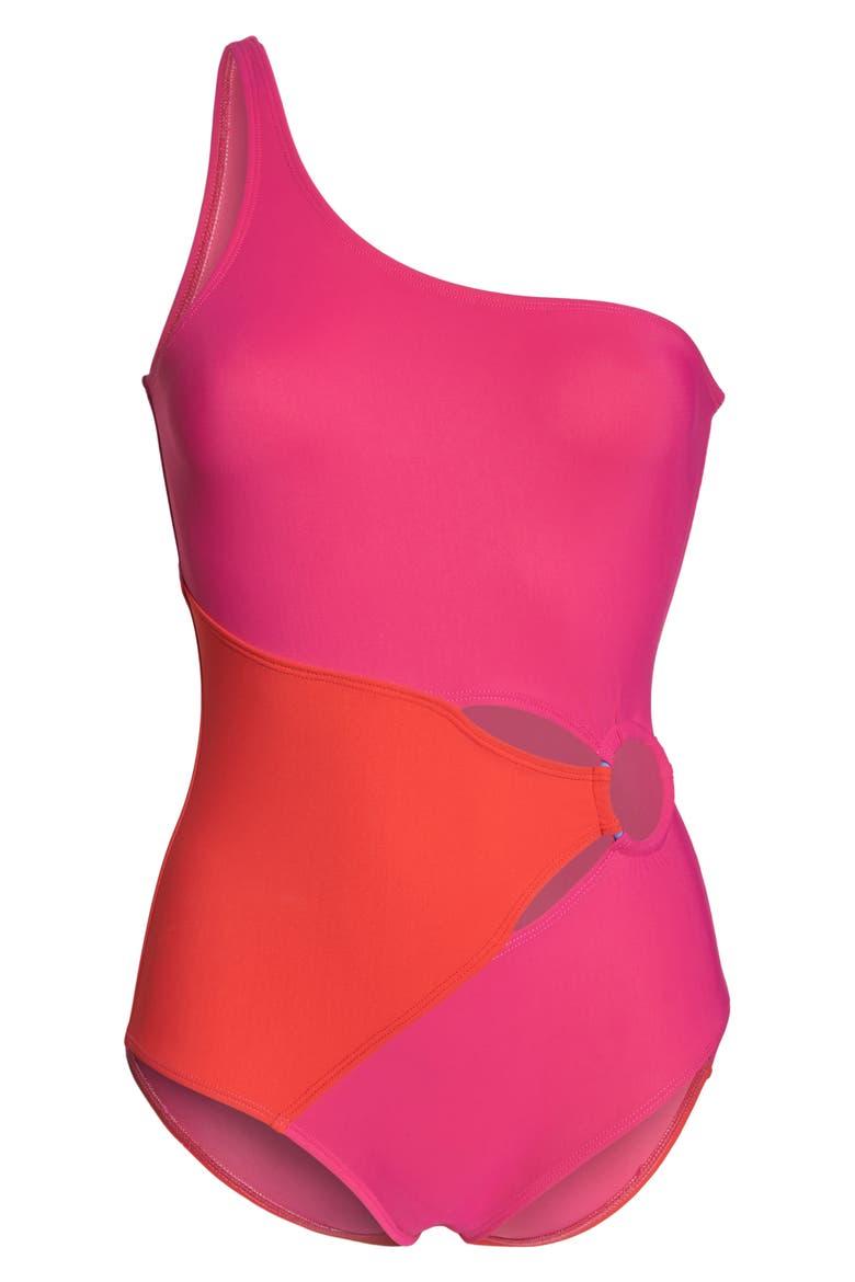 O-Ring One-Piece Swimsuit, Alternate, color, HOT PINK/ GERANIUM