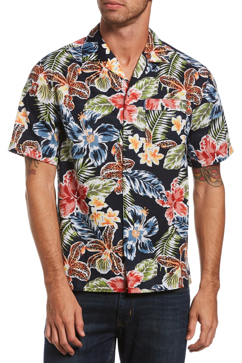 Slim Fit Floral Short Sleeve Button-Up Camp Shirt, Main, color, DARK SAPPHIRE