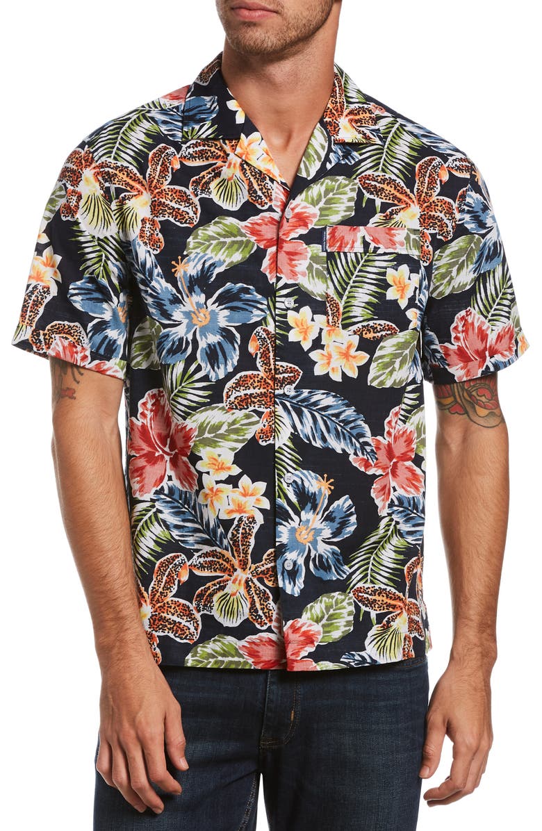 Original Penguin Slim Fit Floral Short Sleeve Button-Up Camp Shirt, Main, color, 