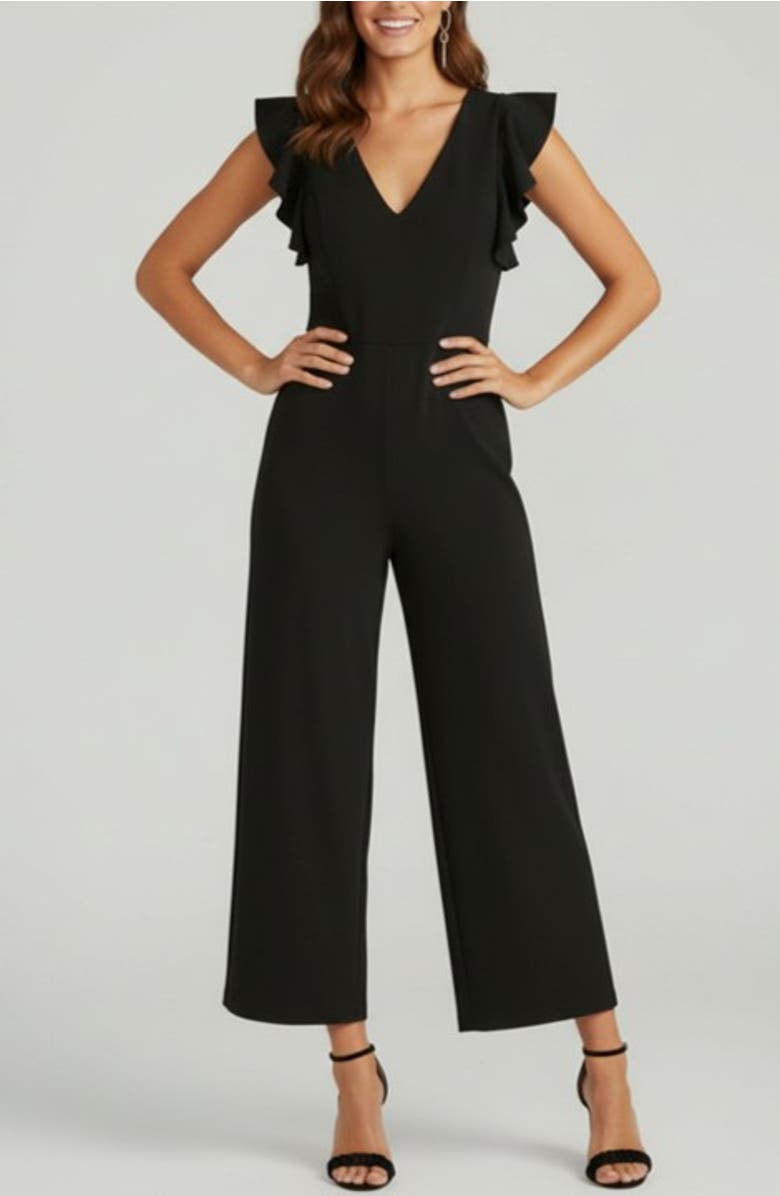 RACHEL Rachel Roy Kate Ruffle Sleeve V-Neck Jumpsuit, Alternate, color, Black