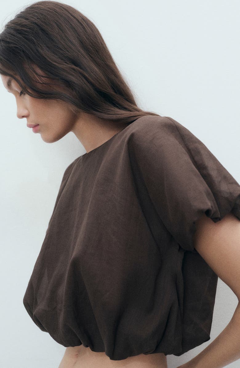 MANGO Puff Sleeve Crop Top, Alternate, color, Brown