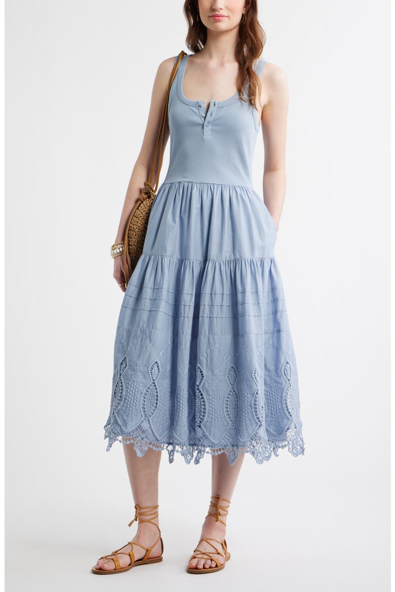 Embroidered Mixed Media Henley Tank Dress, Alternate, color, BLUE BLIZZARD