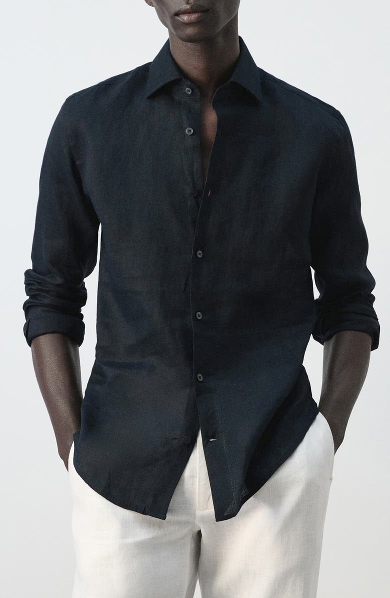 MANGO Slim Fit Linen Button-Up Shirt, Main, color, Navy
