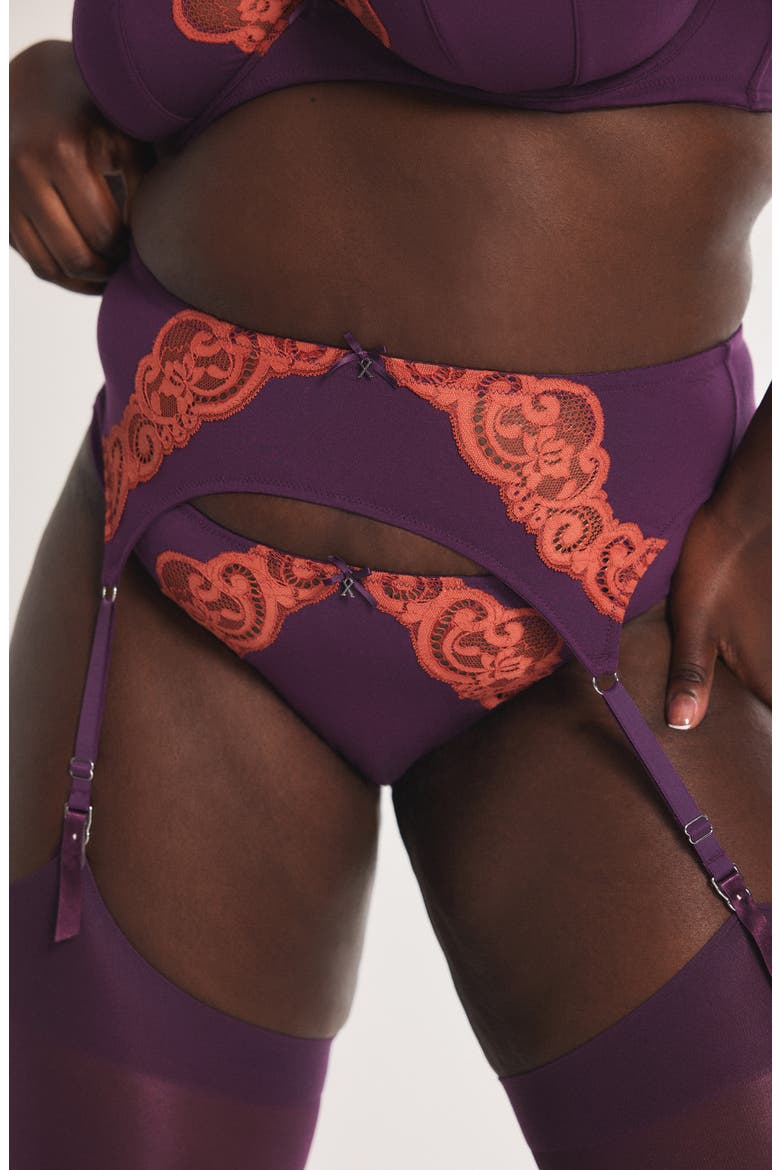 Swirly Girly Garter Belt, Alternate, color, MIDNIGHT PURPLE/ BROWN BRICK