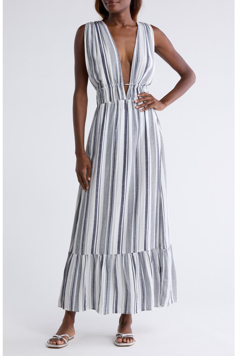 Ruched Plunge Maxi Cover-Up Dress, Main, color, NAVY STRIPE