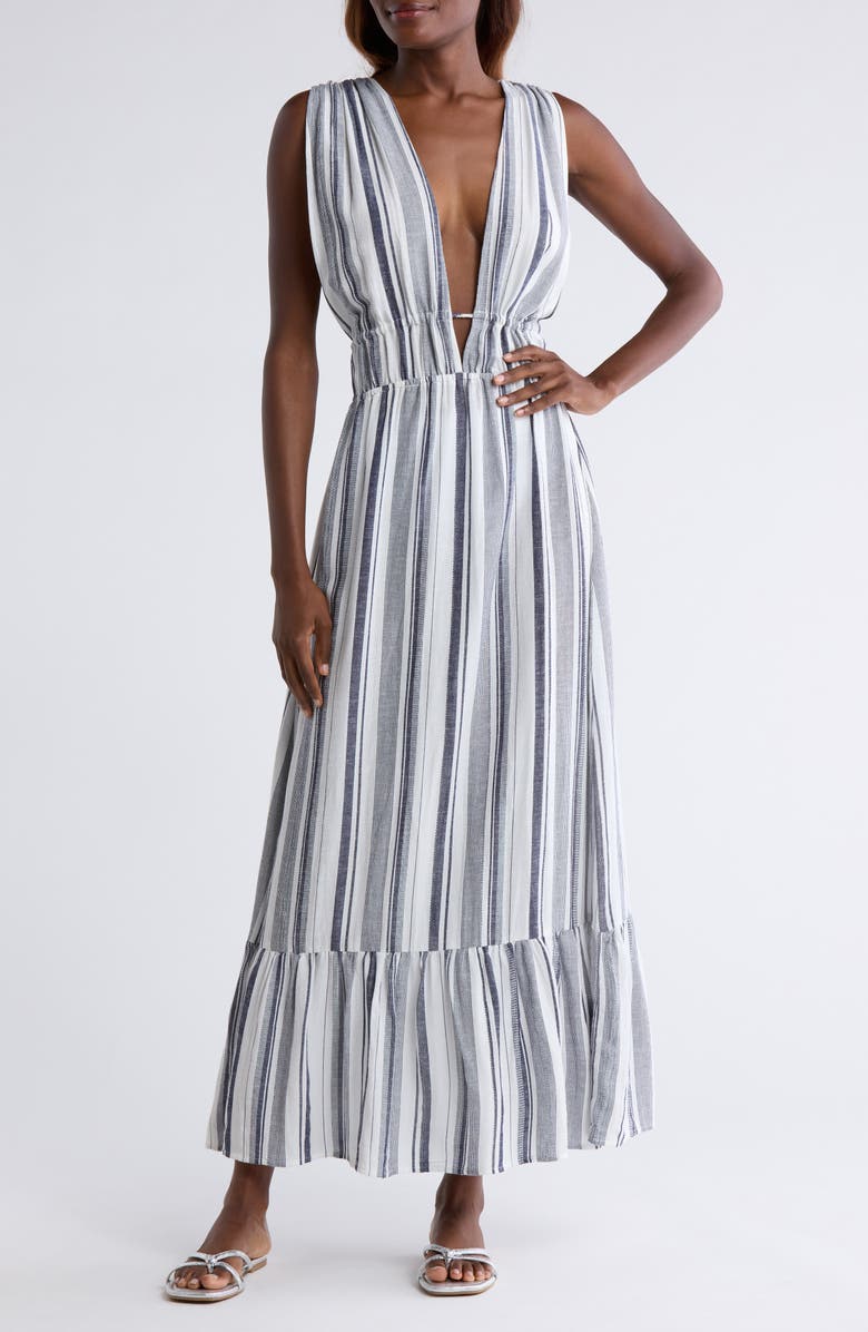 Nordstrom Ruched Plunge Maxi Cover-Up Dress, Main, color, Navy Stripe