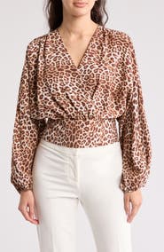 Renee C Leopard Smock Surplice Long Sleeve Top