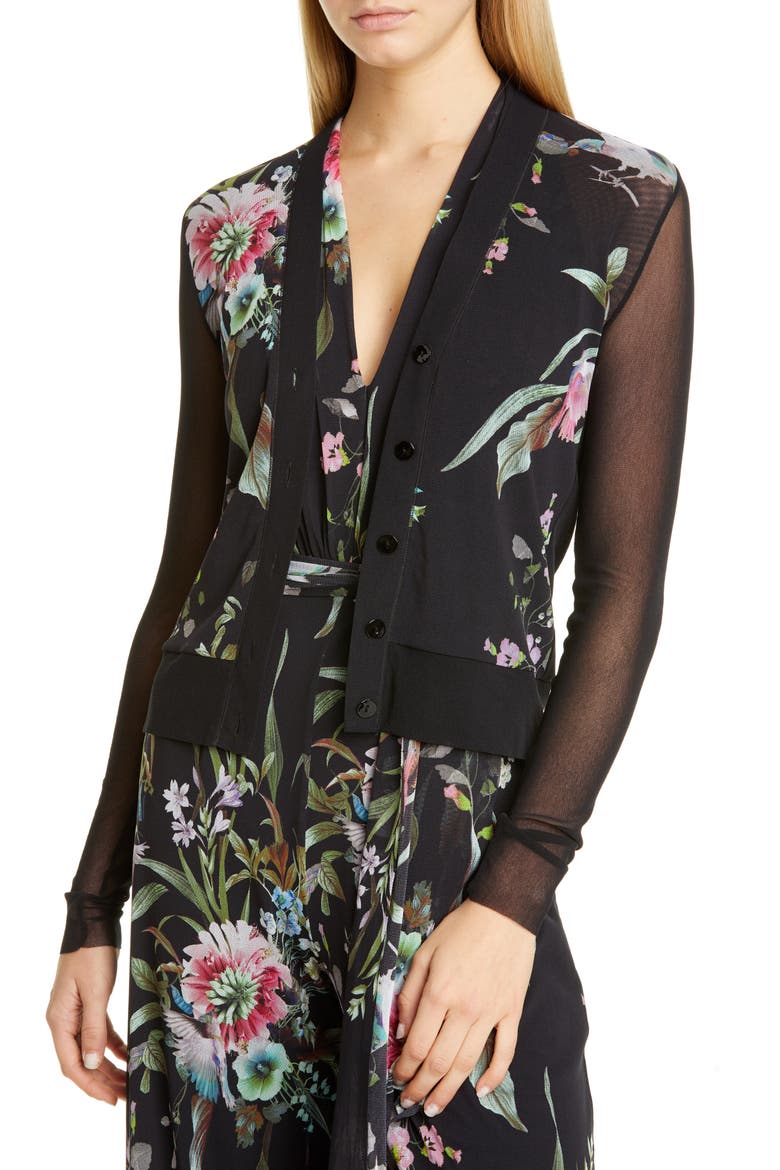 Floral Sheer Sleeve Cardigan, Alternate, color, NERO