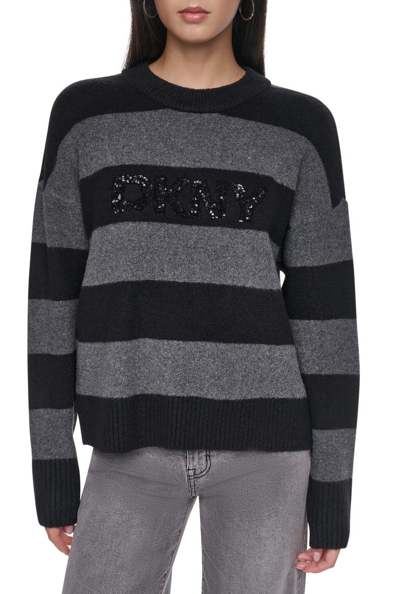 Sequin Logo Stripe Sweater, Main, color, BLK/ ASPHAL