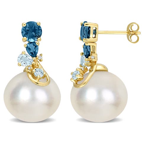 Pearl Blue Topaz & Diamond Drop Earrings 14k