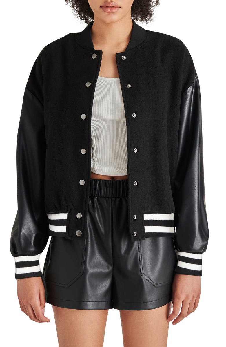 Steve Madden Alexandra Faux Leather Sleeve Varsity Jacket, Main, color, 