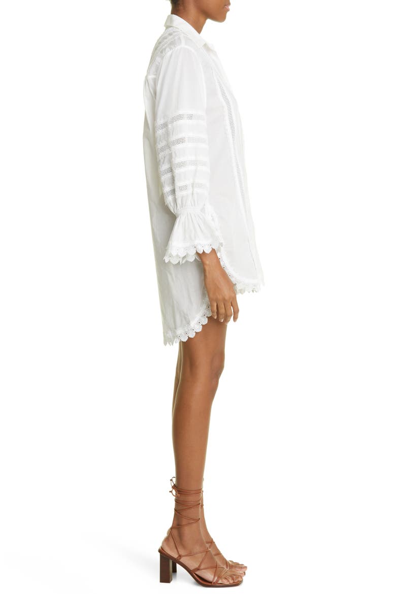 Catalana Lace Inset High-Low Cotton Tunic Shirt, Alternate, color, WHITE