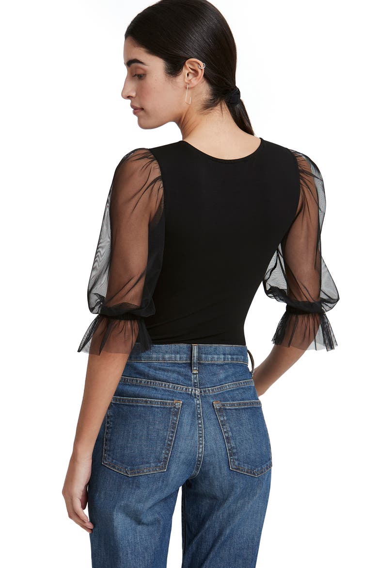 Bellerose Mixed Media Mesh Sleeve Bodysuit, Alternate, color, BLACK