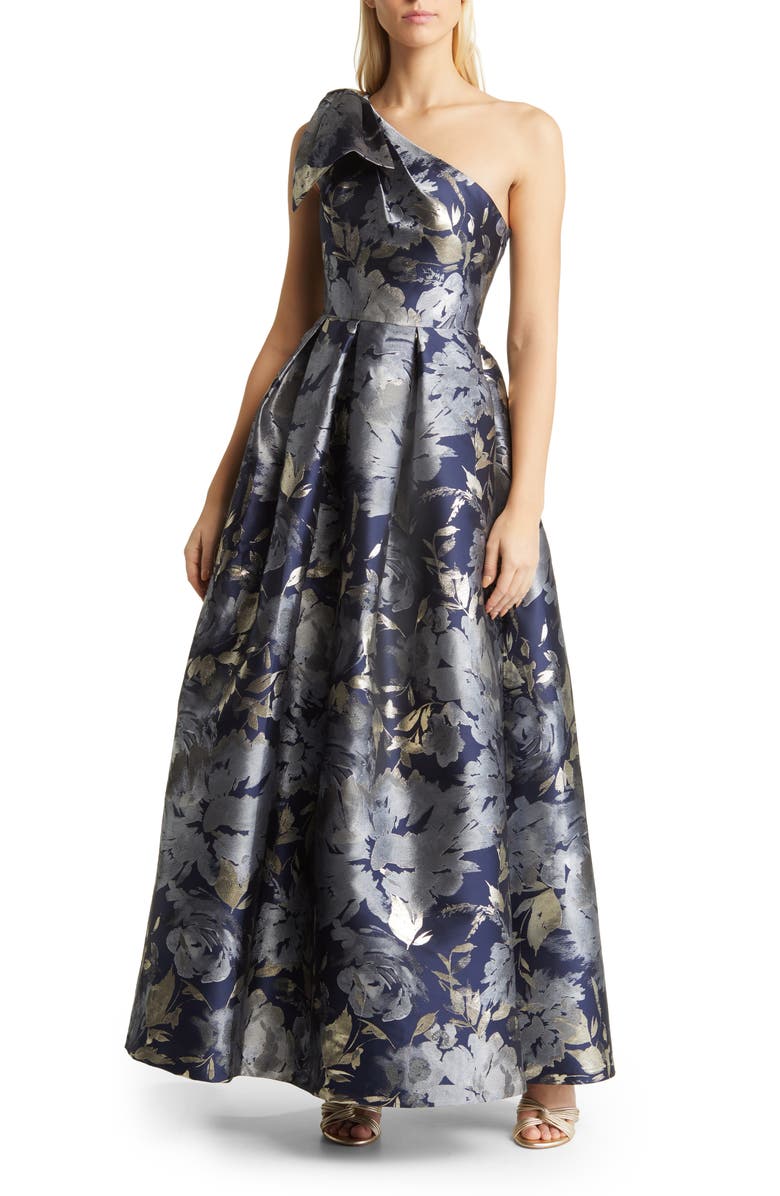 Eliza J Metallic Floral Asymmetric Gown, Main, color,