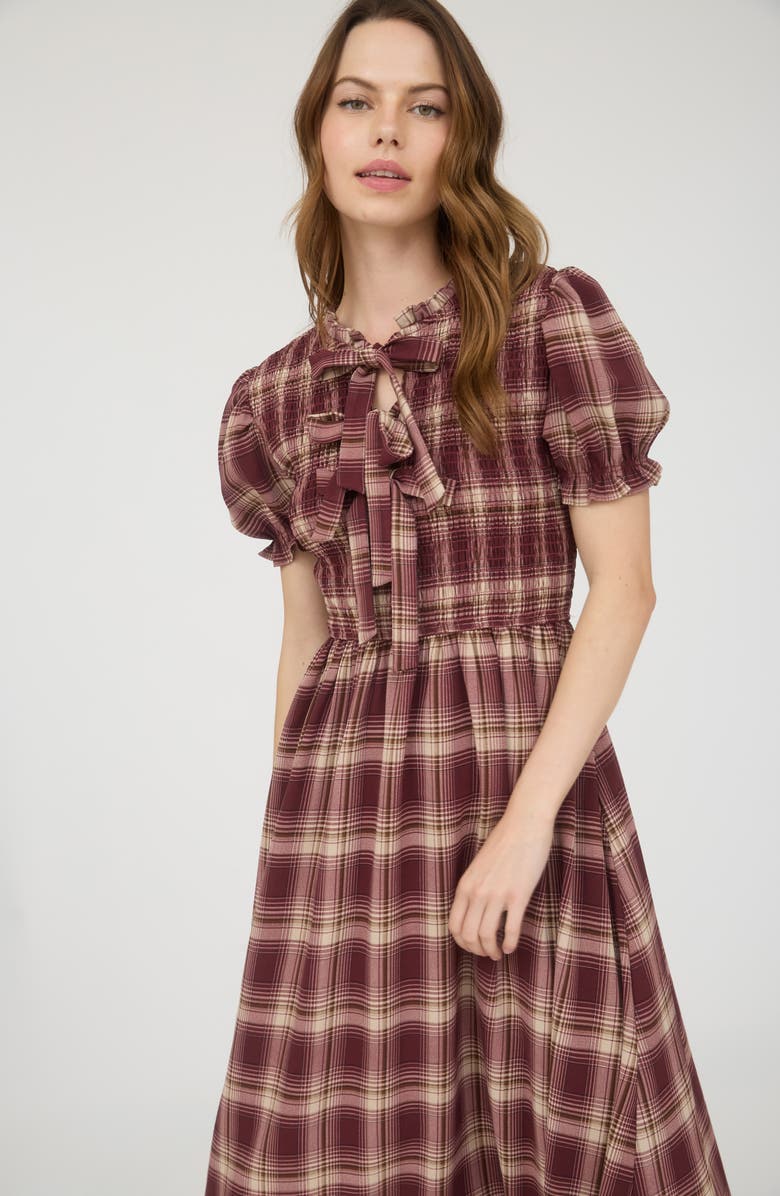 AUGUST SKY Plaid Tie Front Midi Dress, Alternate, color, Burgundy Multi