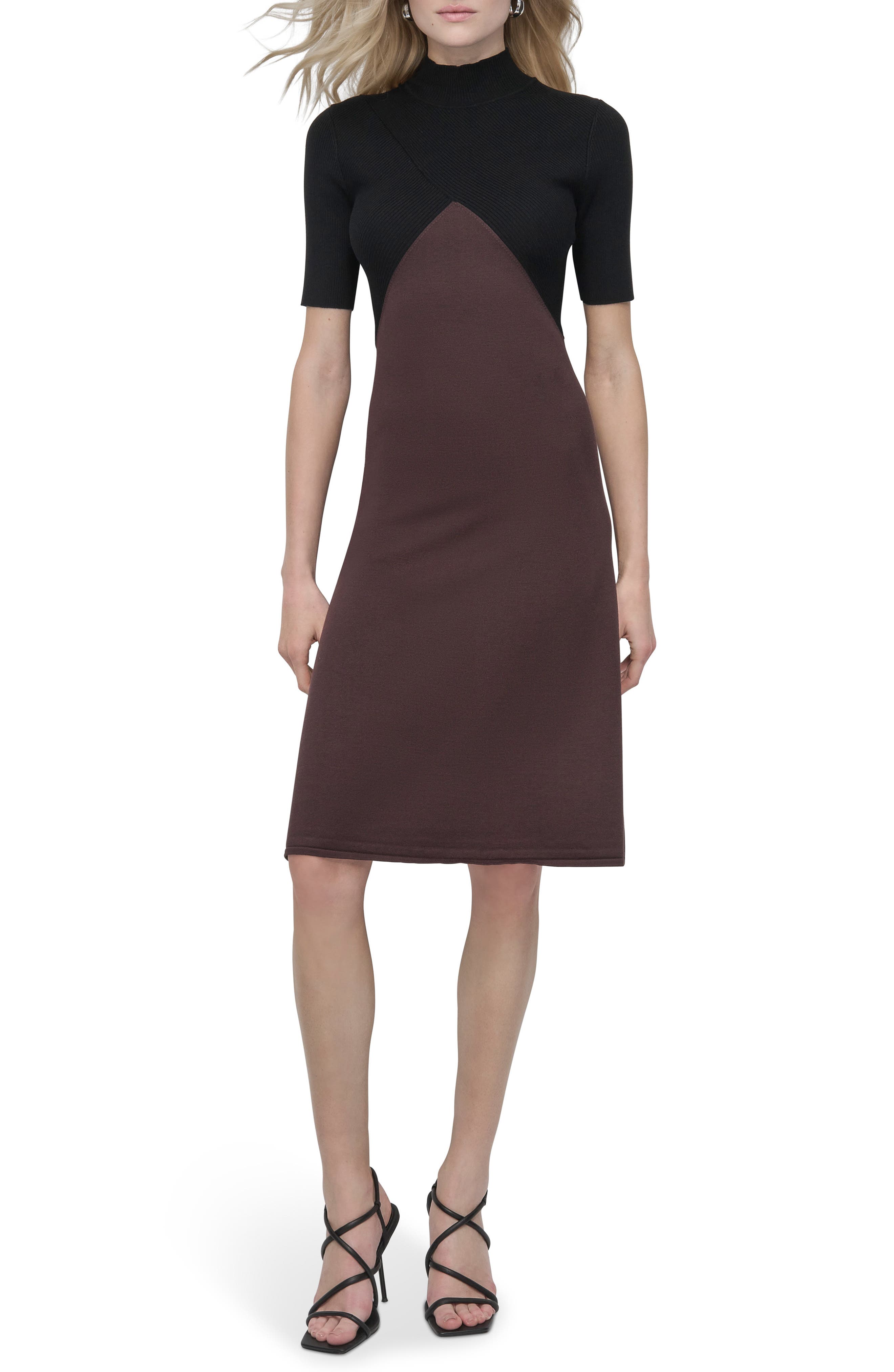 DKNY Colorblock Sliced Rib Short Sleeve Turtleneck Sweater Dress