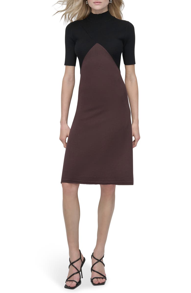 DKNY Colorblock Sliced Rib Short Sleeve Turtleneck Sweater Dress, Main, color, Black/Chocolate