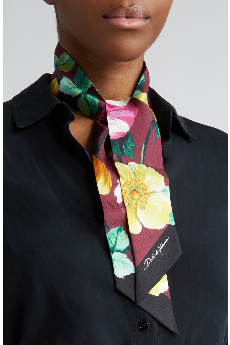 Floral Print Silk Twilly Scarf, Alternate, color, DK RED PRT