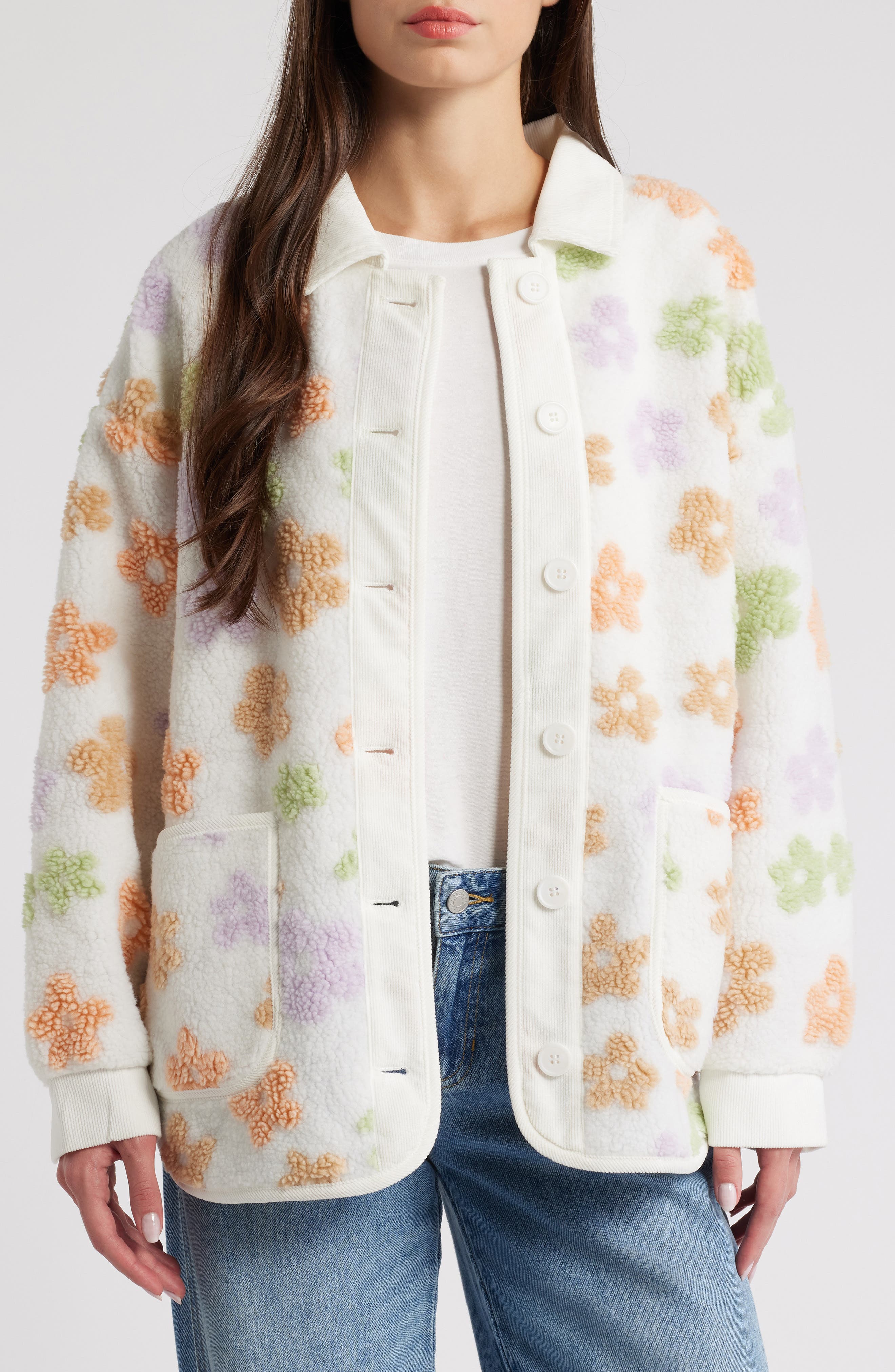 All in Favor Daisy Floral High Pile Fleece Shacket (Women