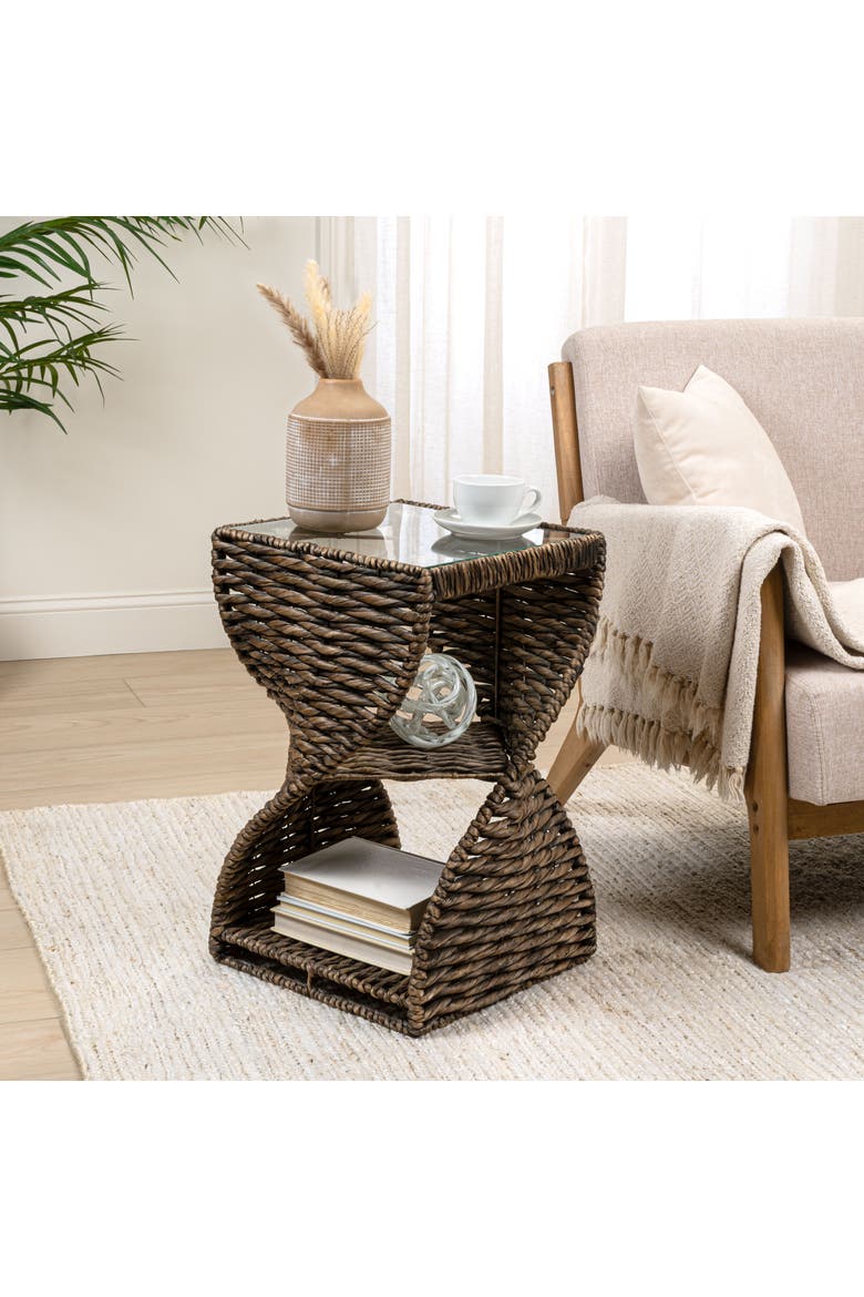 Suraya Bohemian Woven Swirl Square End Table with Glass Top, Open Storage Shelf, Hourglass Accent Side Table, Alternate, color, Brown