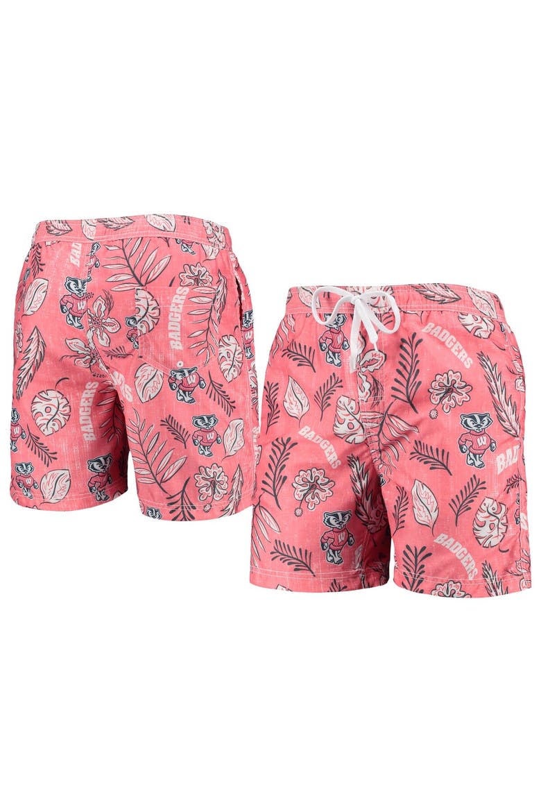 Men's Wes & Willy Red Wisconsin Badgers Vintage Floral Swim Trunks, Main, color, Red