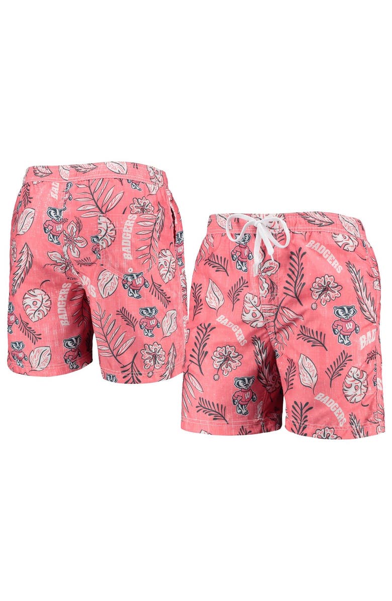 Wes & Willy Men's Wes & Willy Red Wisconsin Badgers Vintage Floral Swim Trunks, Main, color, Red