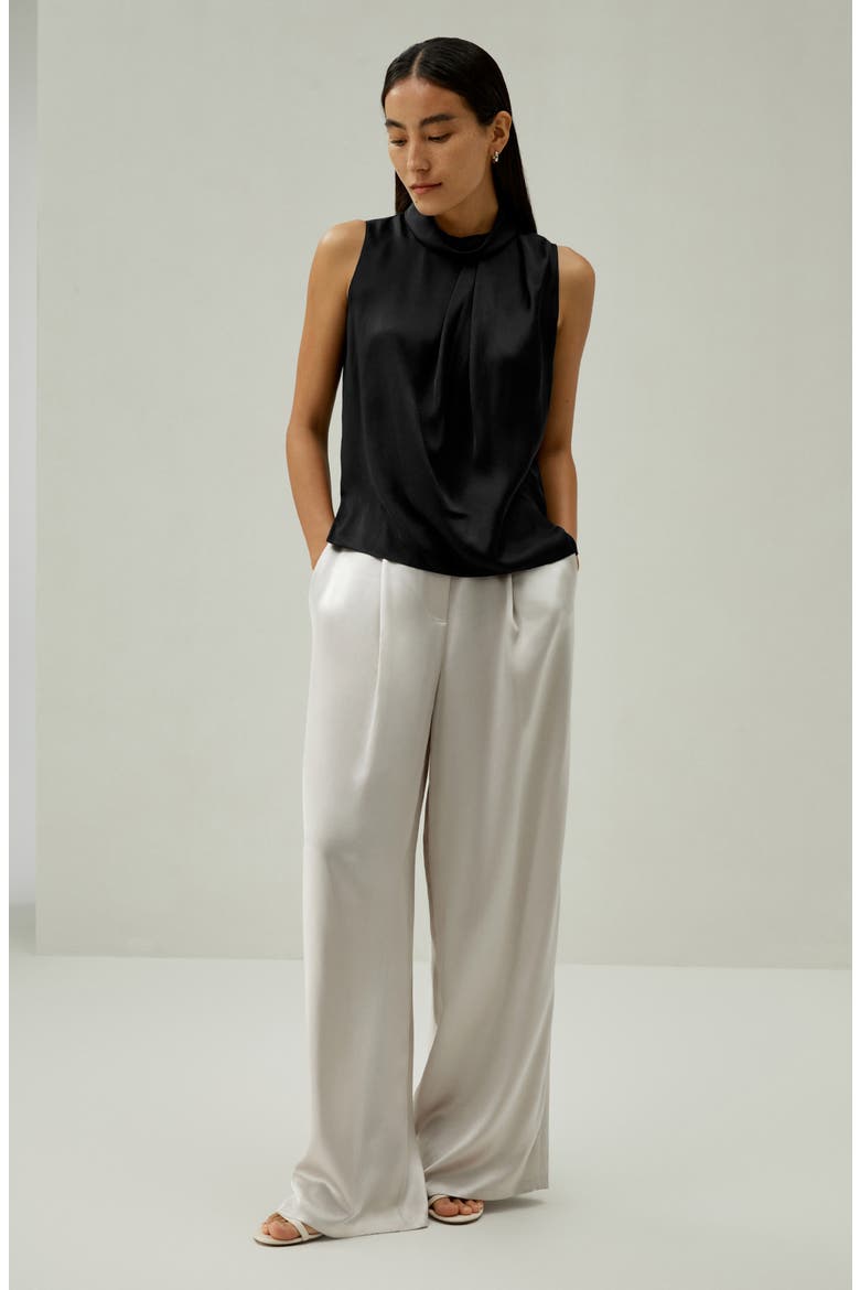 Women's Asymmetrical Sleeveless Cowl Neck Silk Top, Alternate, color, Black