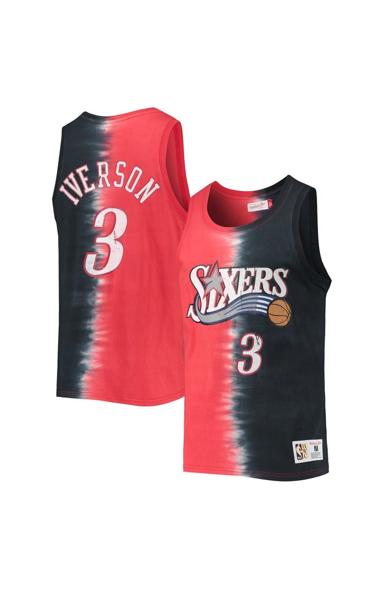 Mitchell & Ness Men's Mitchell & Ness Allen Iverson Red/Black Philadelphia 76ers Hardwood Classics Tie-Dye Name & Number Tank Top, Main, color, 