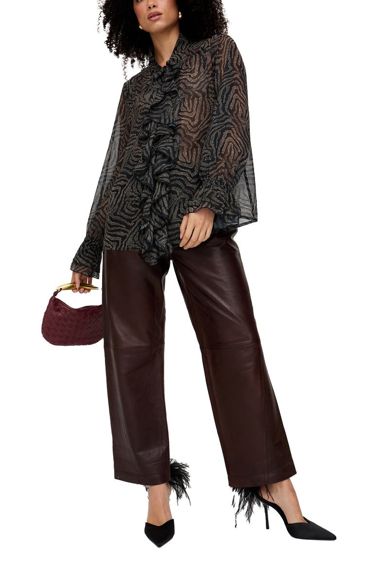 Zendaya Ruffle Detail Zebra Print Shirt, Alternate, color, Black
