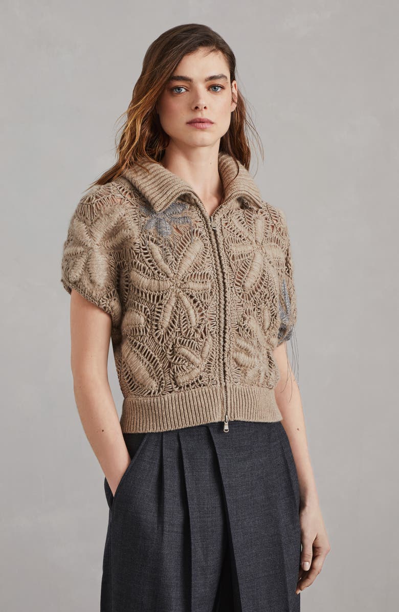 Brunello Cucinelli Handmade Flower Crochet OPERA cardigan in cashmere Feather yarn, Alternate, color, 
