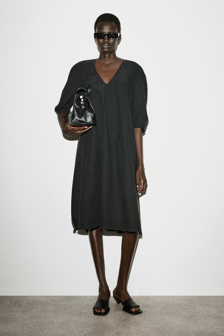 v neck cotton dress with sleeves Rounded V-Neck Cotton Midi Dress (Women)