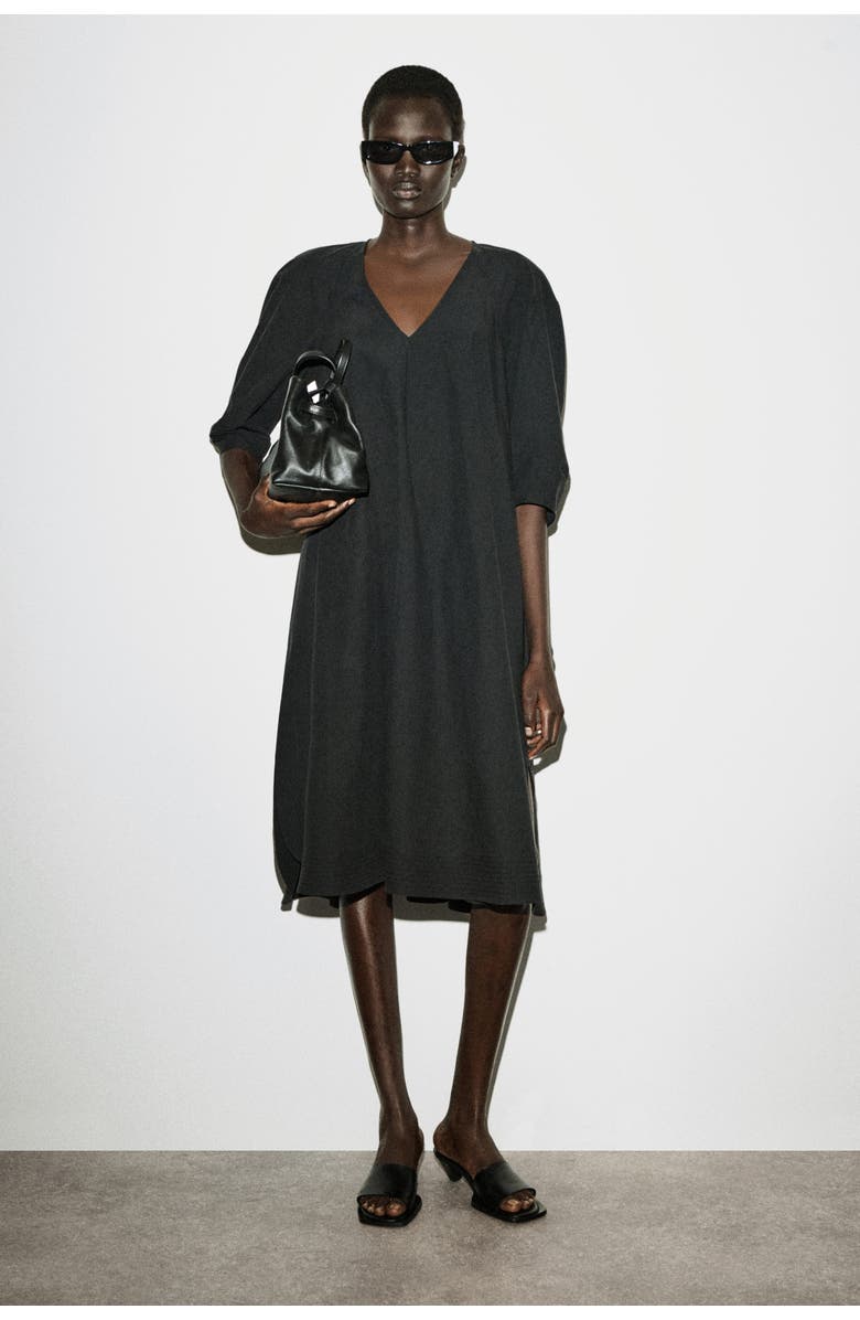 COS Rounded V-Neck Cotton Midi Dress, Main, color, Black