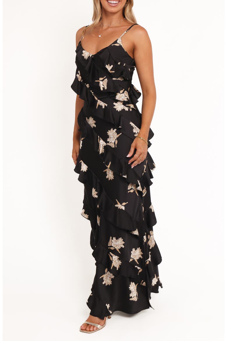 Ciao Floral Ruffle Satin Maxi Dress, Alternate, color, BLACK FLORAL