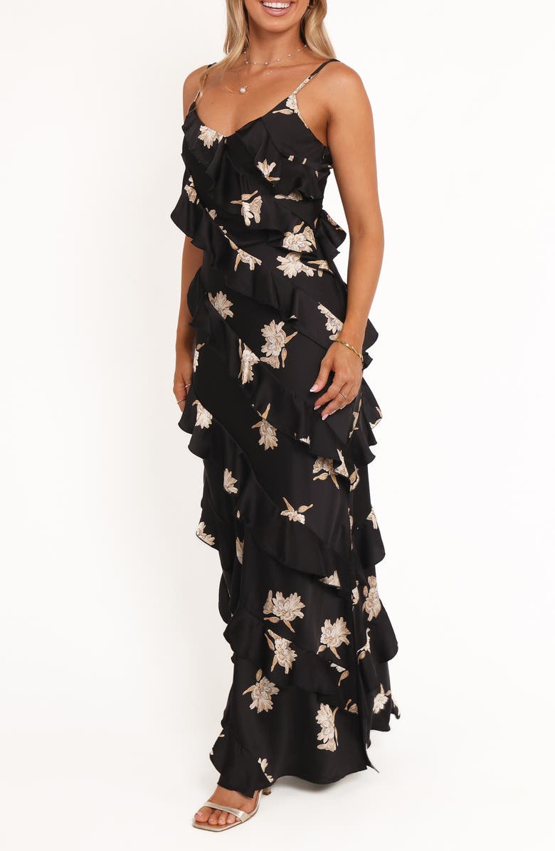 Petal & Pup Ciao Floral Ruffle Satin Maxi Dress, Alternate, color, Black Floral