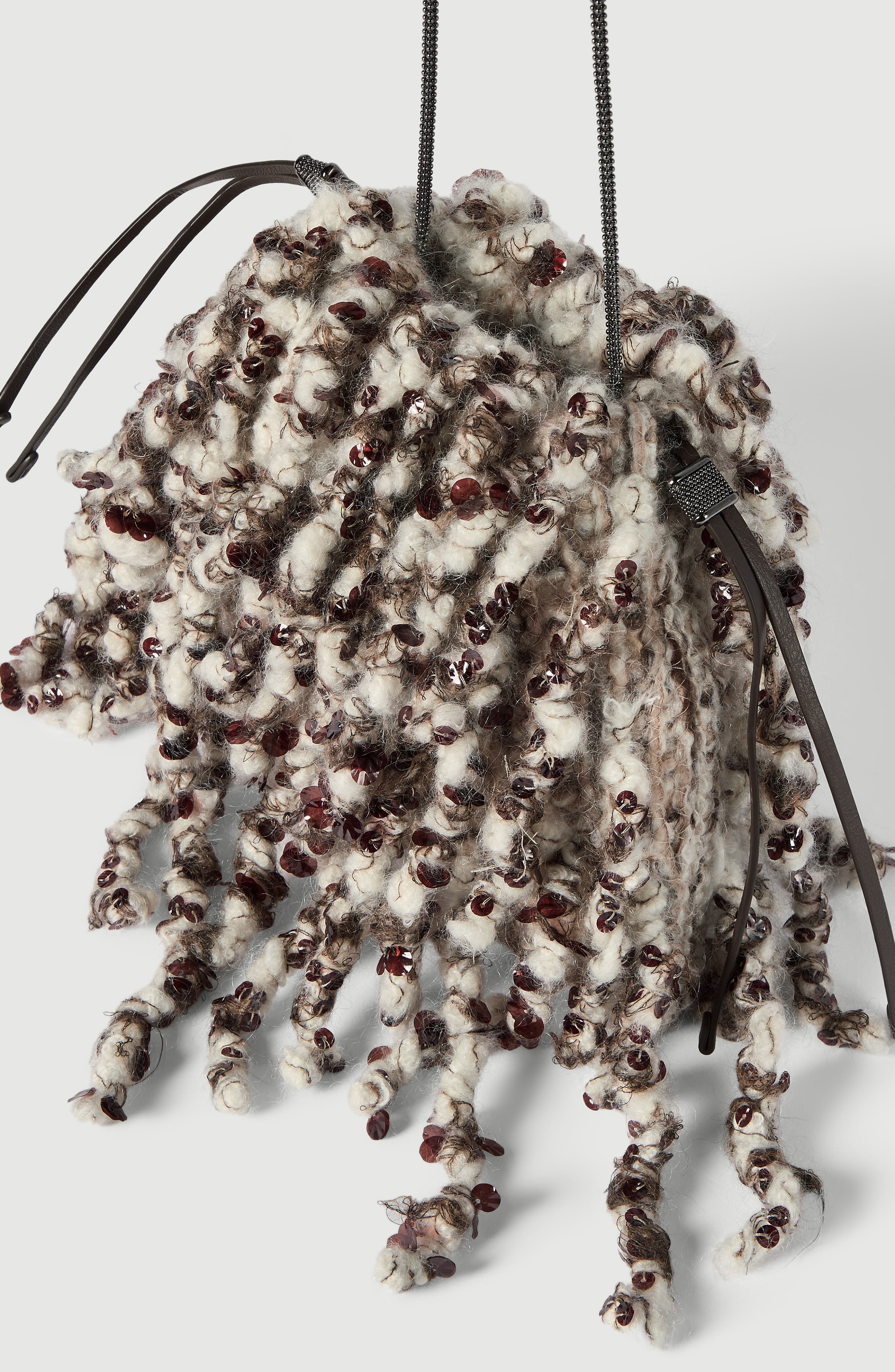 Dazzling Twist Embroidery pouch bag with precious chain, Alternate, color, Brown