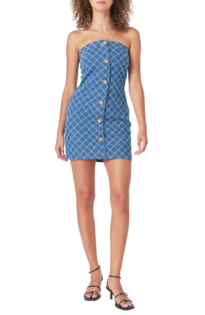 Endless Rose Distressed Denim Button Front Minidress, Main, color, Denim