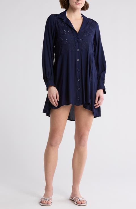 Eyelet Long Sleeve Button-Down Swim Cover-Up