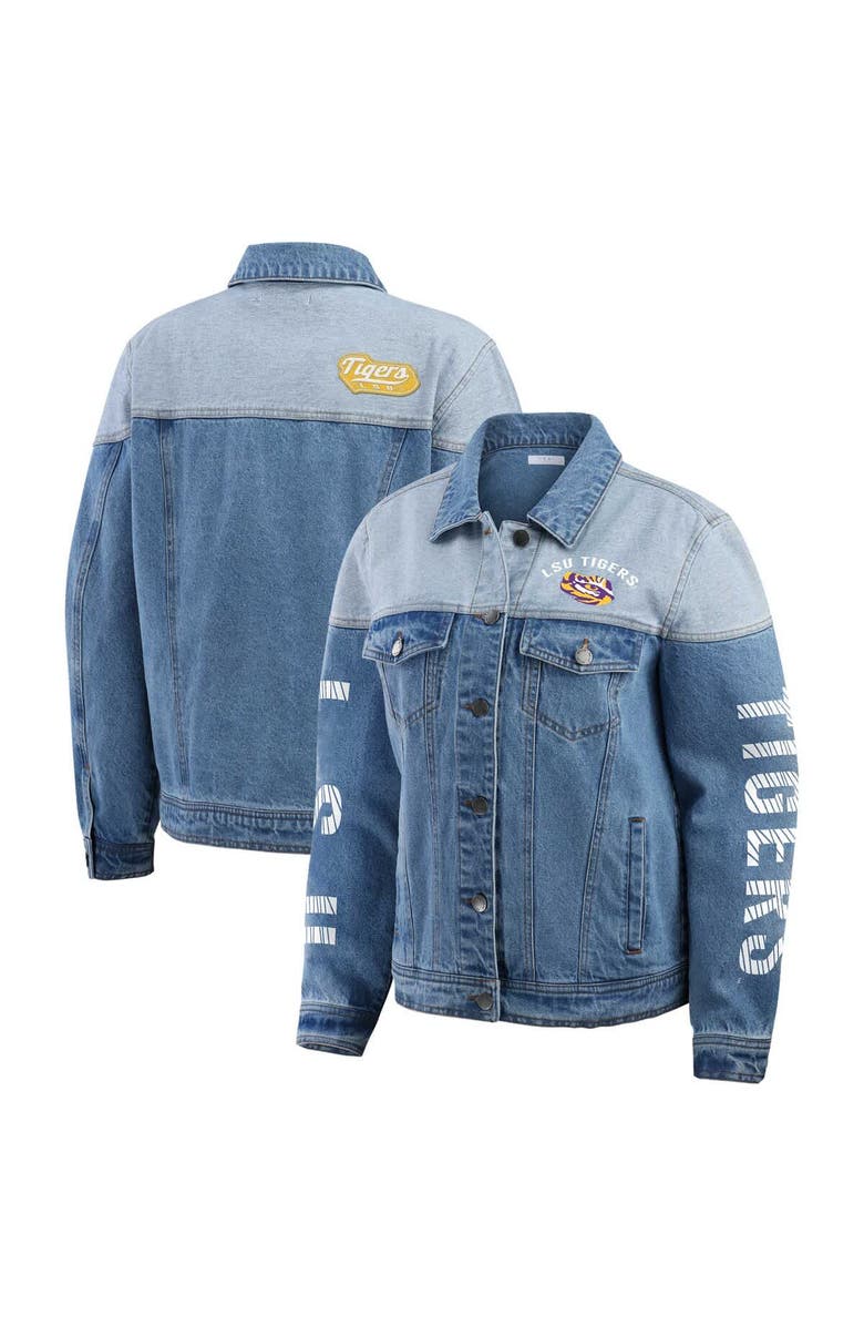 WEAR by Erin Andrews Women's WEAR by Erin Andrews Denim LSU Tigers Sleeve Hit Colorblock Button-Down Denim Jacket, Main, color, Denim