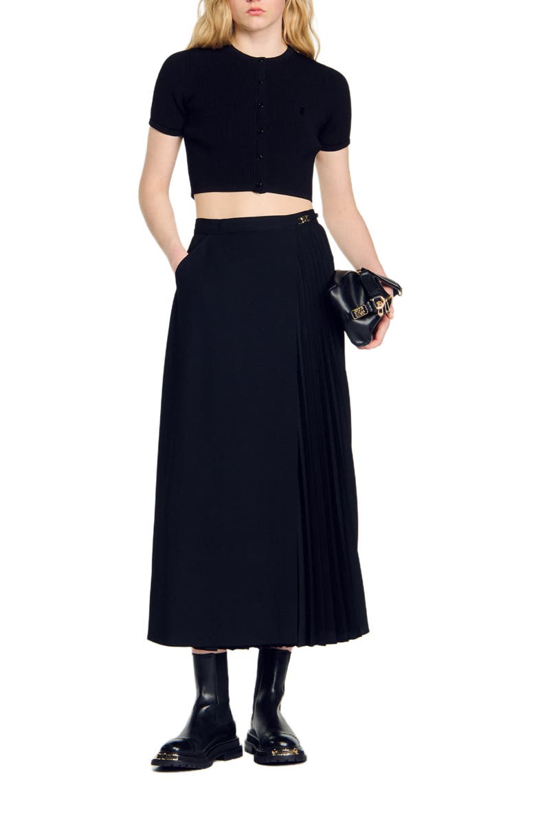 SANDRO Curb chain buckle pleated skirt, Alternate, color, Black